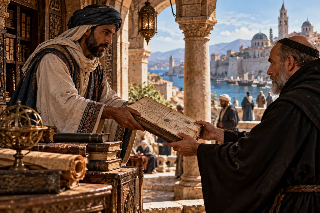 A medieval Arab scholar passes an illustrated astrological manuscript to a European monk in a Mediterranean port city, symbolizing the transmission of magical and scholarly knowledge across cultures.