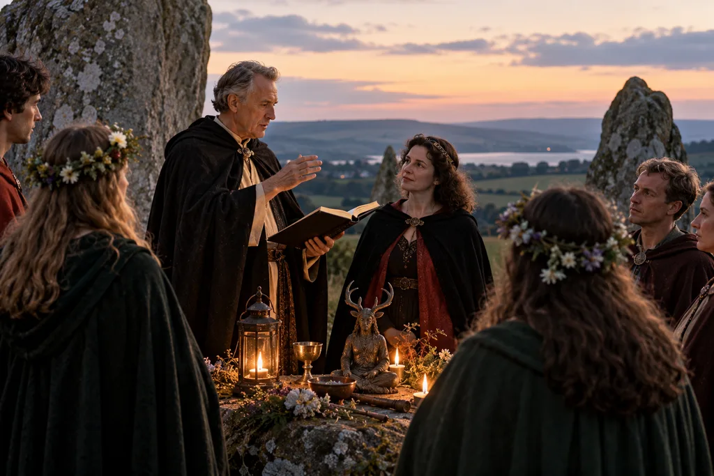 A modern witchcraft coven gathers at sunset around a candlelit altar in a stone circle as an older man reads from a ritual book.