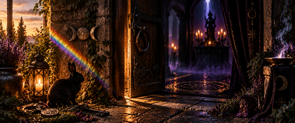 A black rabbit sits at a candlelit threshold between warm golden light and a misty violet passage, with an antique key and rainbow prism marking the crossing between states.
