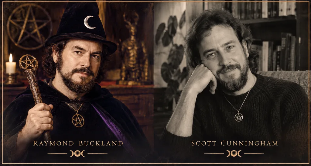 Side-by-side portraits of Raymond Buckland and Scott Cunningham, influential figures in the development and popularization of modern Wicca.