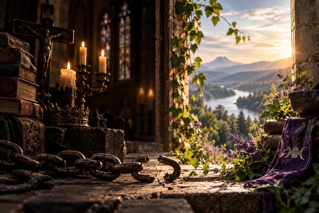 Broken chain between a shadowed Christian altar and a sunlit natural landscape, symbolizing release from religious control and the reclaiming of spiritual freedom.