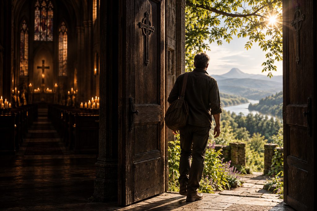 Person leaving a dark candlelit Christian church through open doors into bright mountains, trees, and a river valley.
