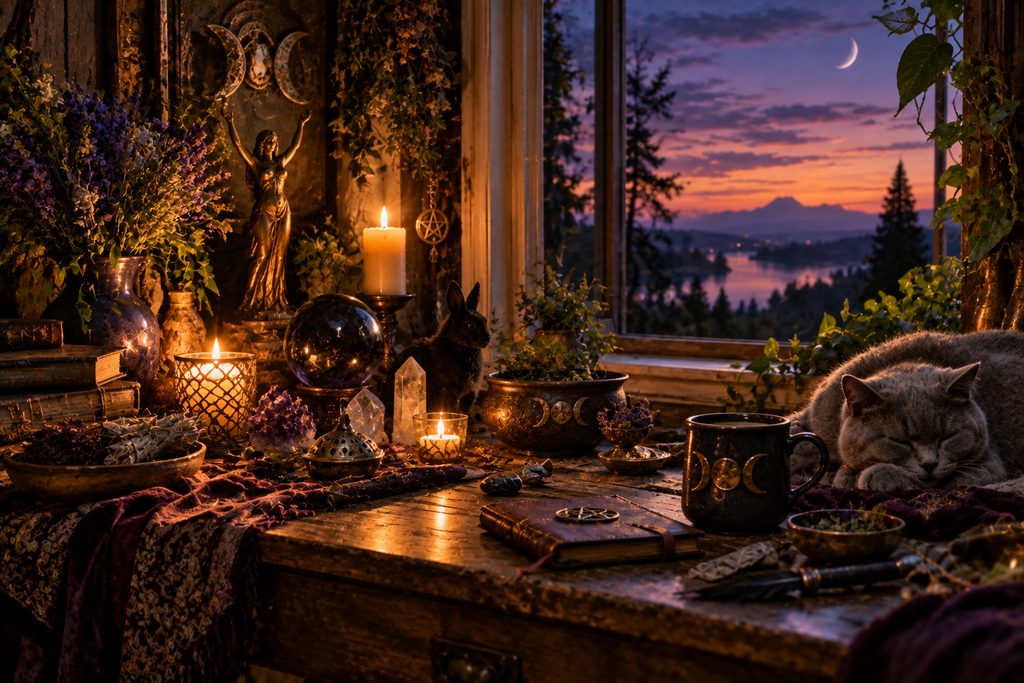 Candlelit Pagan altar beside an open window at dusk with books, crystals, herbs, purple flowers, a gray cat, and a small black rabbit overlooking a mountain valley.