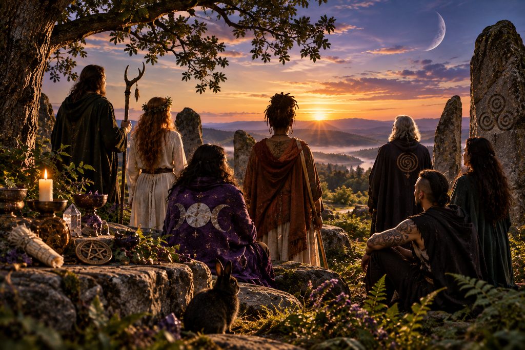 Diverse group of modern Pagans gathered among standing stones at sunrise with candles, ritual objects, mountains, and a small black rabbit.