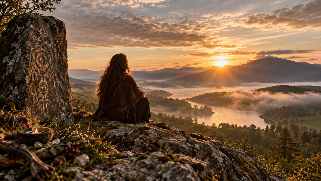Woman seated on a rocky overlook at sunset beside a carved sacred stone and small offering bowl, looking across a misty mountain valley.