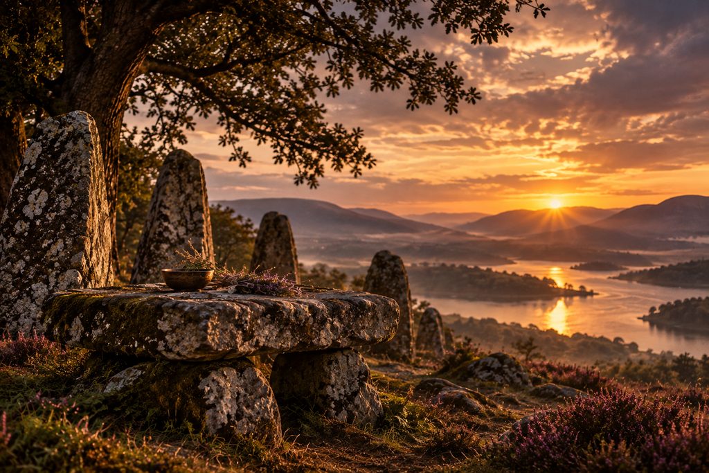 Ancient stone altar and standing stones at sunset overlooking a misty lake and mountain landscape, suggesting sacred place, memory, and tradition.
