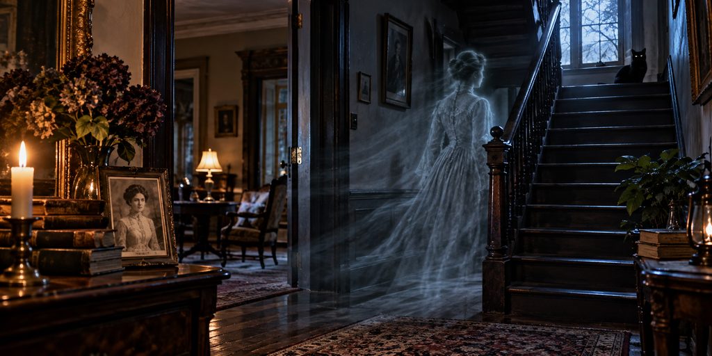 Translucent Victorian woman appears beside a staircase in a dim historic home, illustrating the difference between a recognizable spirit and other forms of haunting.