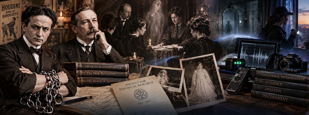 Panoramic collage showing Houdini and Arthur Conan Doyle, a Victorian séance, psychical research materials, and modern paranormal investigation equipment to illustrate the evolution from Spiritualism to contemporary investigation.