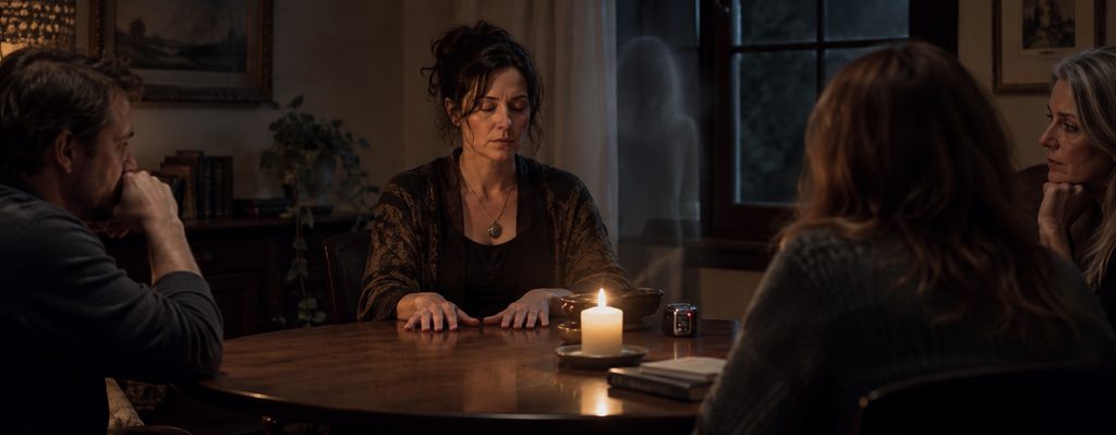 Modern medium seated at a candlelit table during a quiet séance, with three participants, a digital recorder, and a faint spirit-like presence near the window.