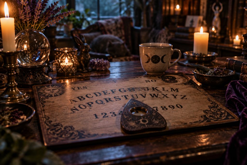 Antique-style Ouija board and planchette on a candlelit table with crystals, herbs, and a sleeping grey cat in a warm occult parlor.