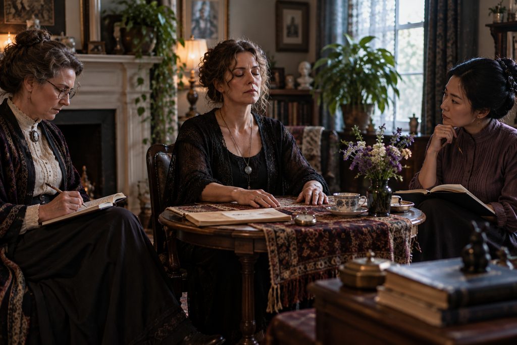 Three women take part in a controlled mediumship sitting, with one woman in trance while two others observe and record notes in a bright early twentieth-century study.