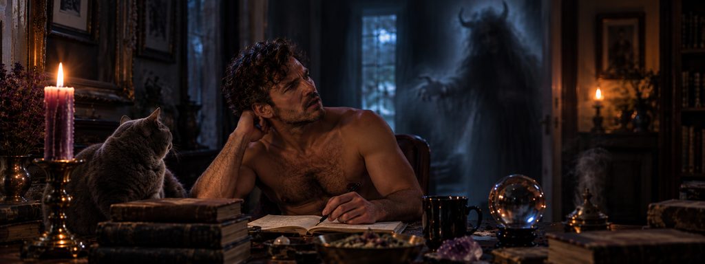 man at a candlelit desk listening toward an indistinct horned spirit presence while a blue-grey British Shorthair cat watches the entity.