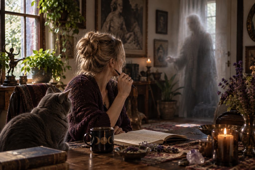 Blonde woman at a writing table turns toward an indistinct spirit presence while a blue-grey British Shorthair cat also watches, illustrating uncertainty around spirit identity and guides.