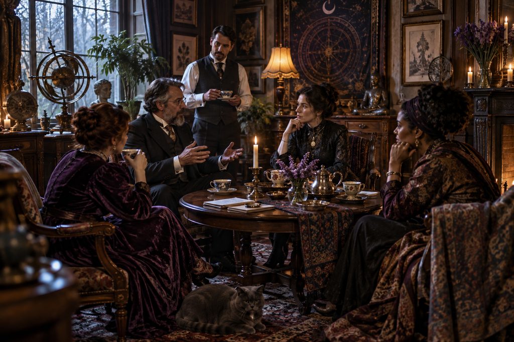 Victorian occult salon with women and men discussing spiritualism and esoteric ideas over tea, surrounded by astrological instruments, candles, and period décor.