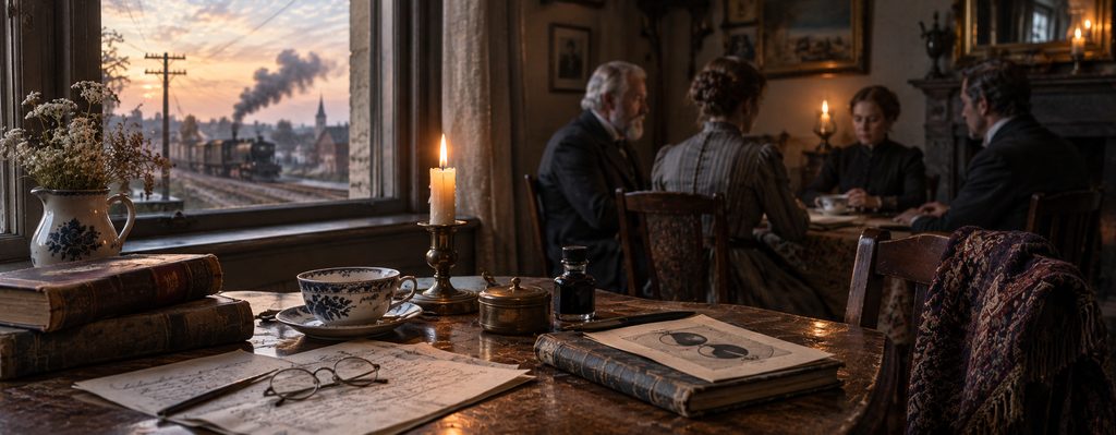 Victorian-era sitting room with a small séance gathering in the background, while books, letters, tea, candles, and a railway outside suggest the period of science, grief, and social change in which Spiritualism rapidly spread.
