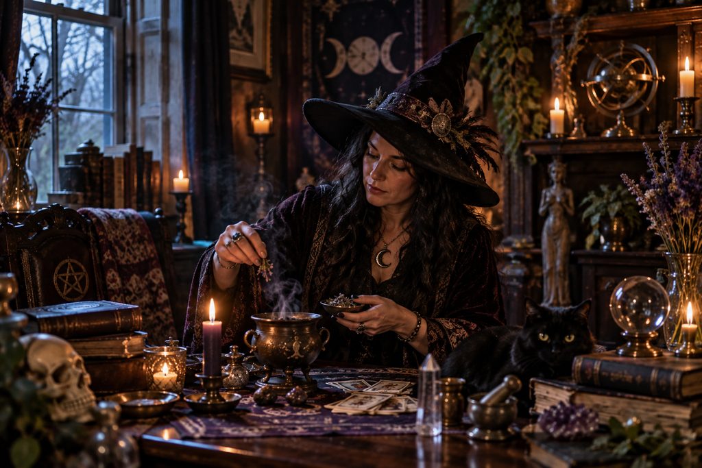 Modern witch in a pointed hat working with herbs, candles, divination tools, and ritual objects in a warm occult study, illustrating where witchcraft and Spiritualism overlap without being the same tradition.