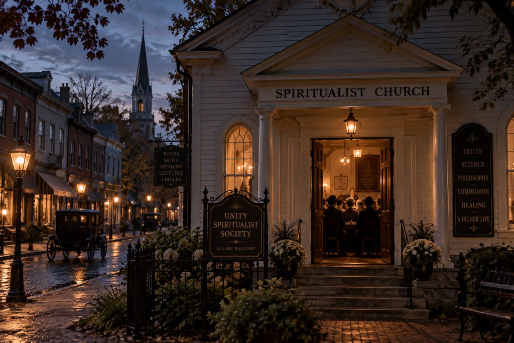 Historic-style Spiritualist church glowing at dusk with people gathered inside for a service, illustrating Spiritualism as a living religious tradition.