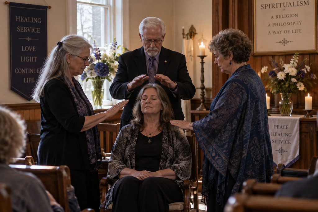 Spiritualist healing service in a small church, with three practitioners standing around a seated woman in a calm, prayerful setting.