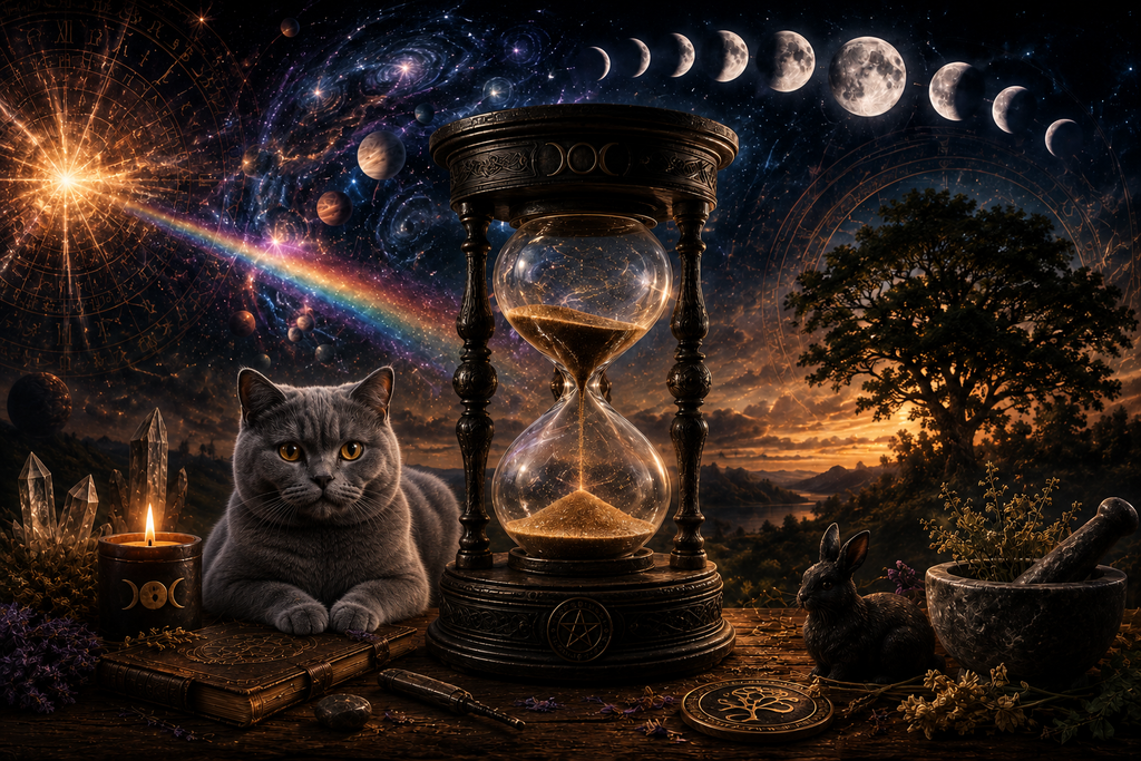 Blue-grey British Shorthair beside an ornate hourglass beneath moon phases, planets, and prismatic cosmic light, symbolizing time, magic, and becoming.