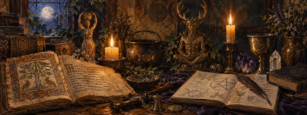 Painterly Wiccan study with old manuscripts, ritual notes, Goddess and Horned God statues, pentacle, candles, herbs, and moonlight.