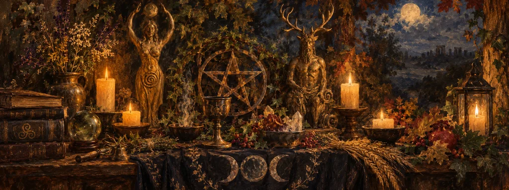 Painterly Wiccan altar beneath a full moon with Goddess and Horned God statues, a pentacle, candles, chalice, herbs, and seasonal offerings.