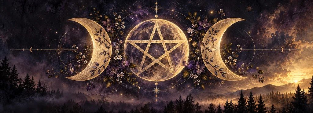 Ornate triple moon and pentacle symbol glowing above a moonlit forest landscape with purple flowers and celestial details.