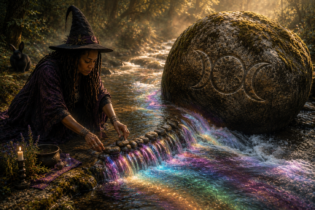 witch at brook with black rabbit