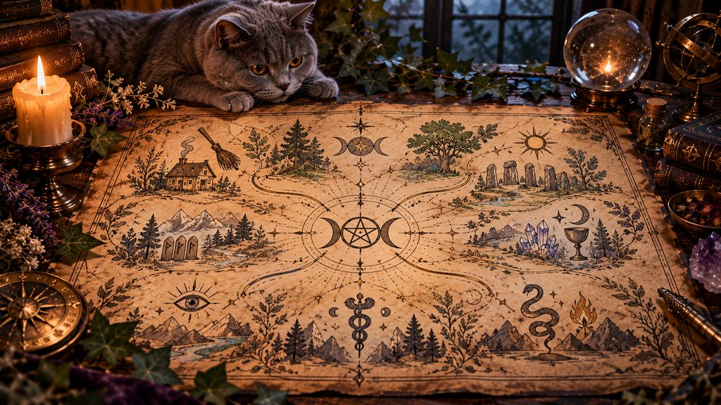 A symbolic map of witchcraft traditions branching from a central triple-moon emblem, surrounded by folk, pagan, occult and esoteric imagery, with a blue-grey British Shorthair cat watching from above.