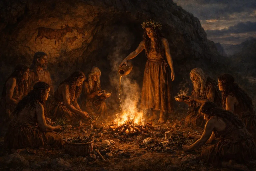 People gathered around a fire at a cave entrance as a standing figure pours an offering into the flames.